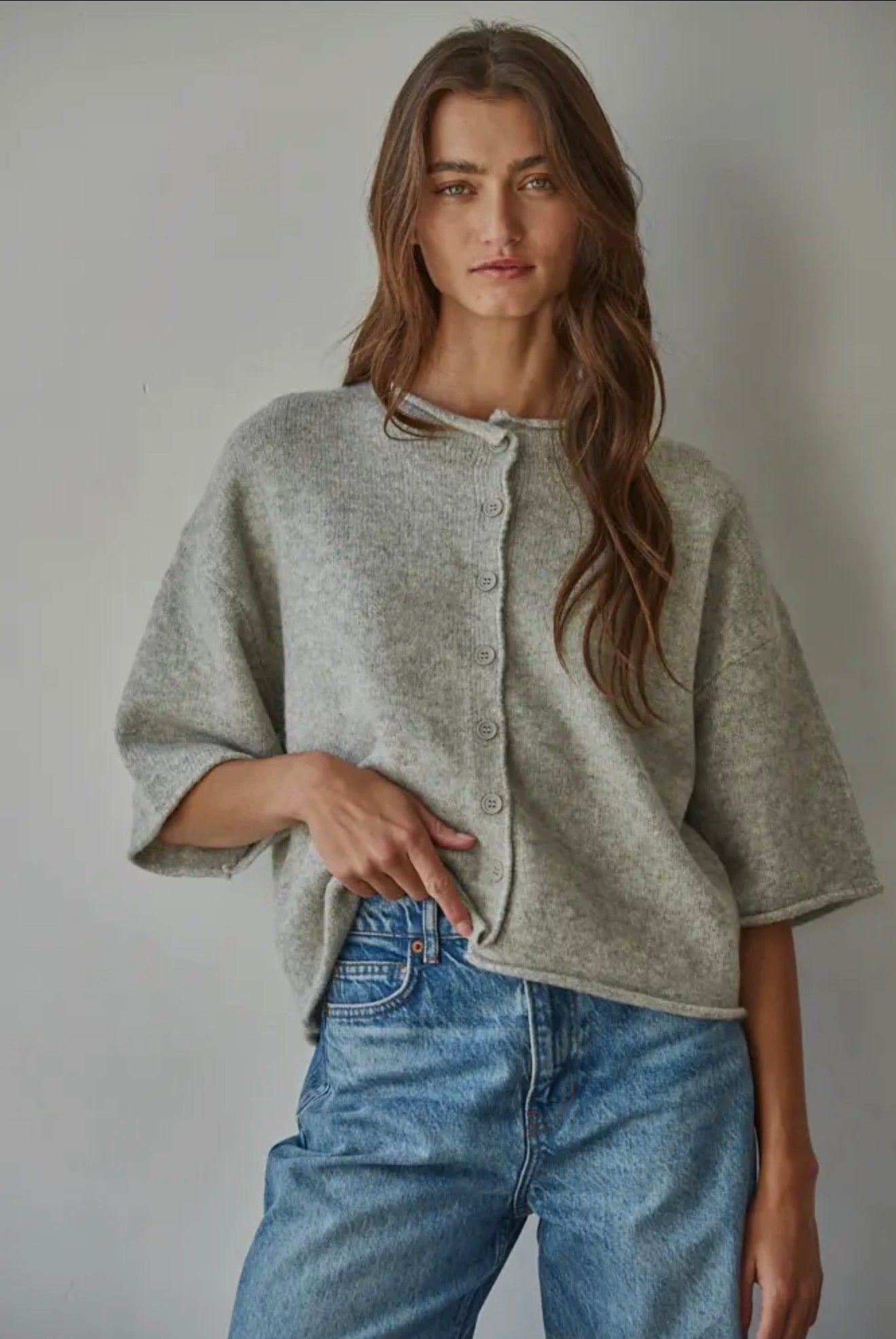 Knit sweater quarter sleeve button up cardigan top