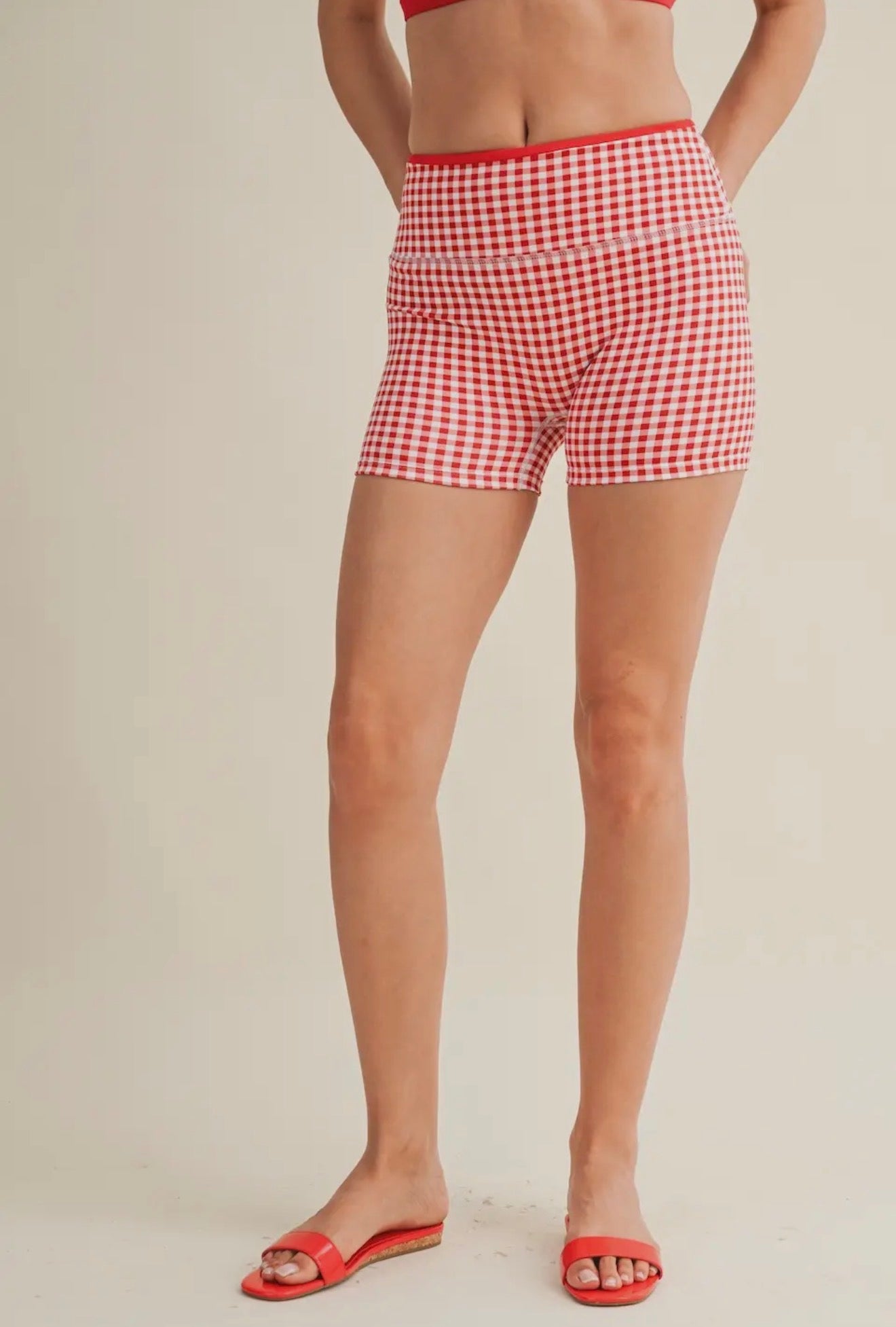 Red Gingham Print contrast binding biker shorts