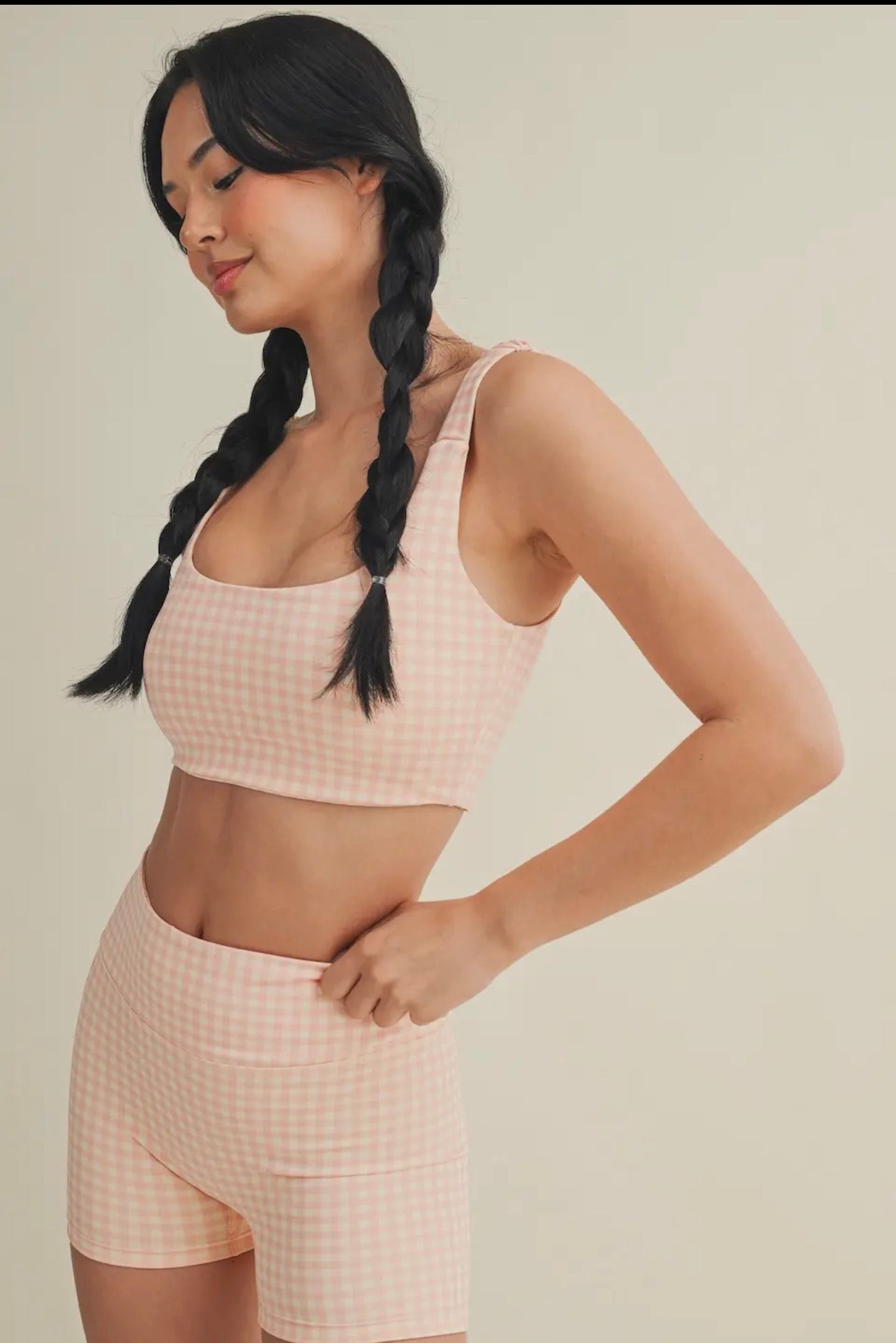 Gingham print ruched top (peach)